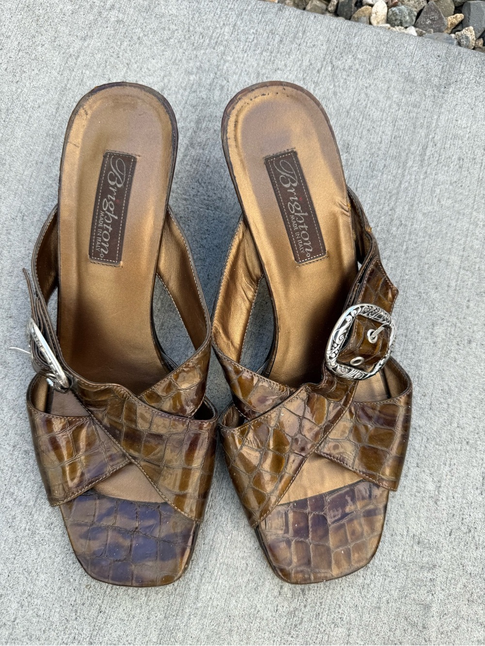 Brighton Brown Croc-Effect Leather Slide Sandals with Silver Buckle